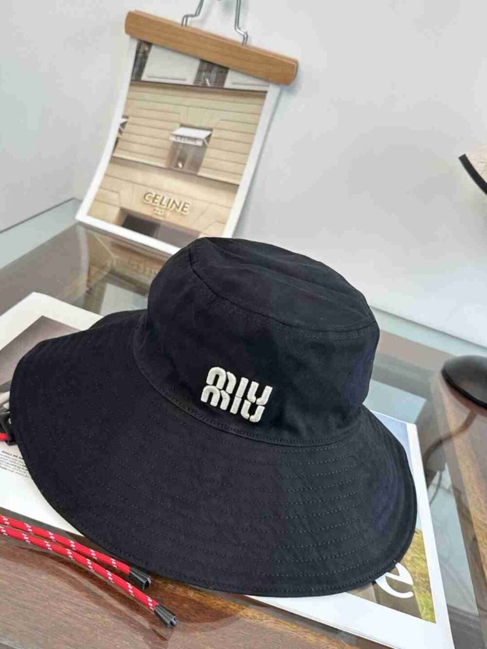 Miu Miu Cotton Sun Hat with Red Drawstring Detail